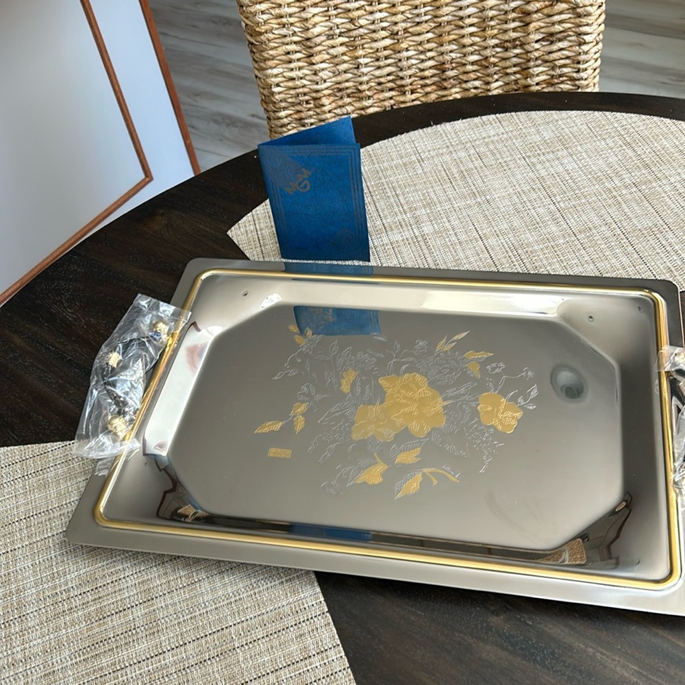 Gorgeous brand new stainless steel with24kt gold trim serving tray from Italy